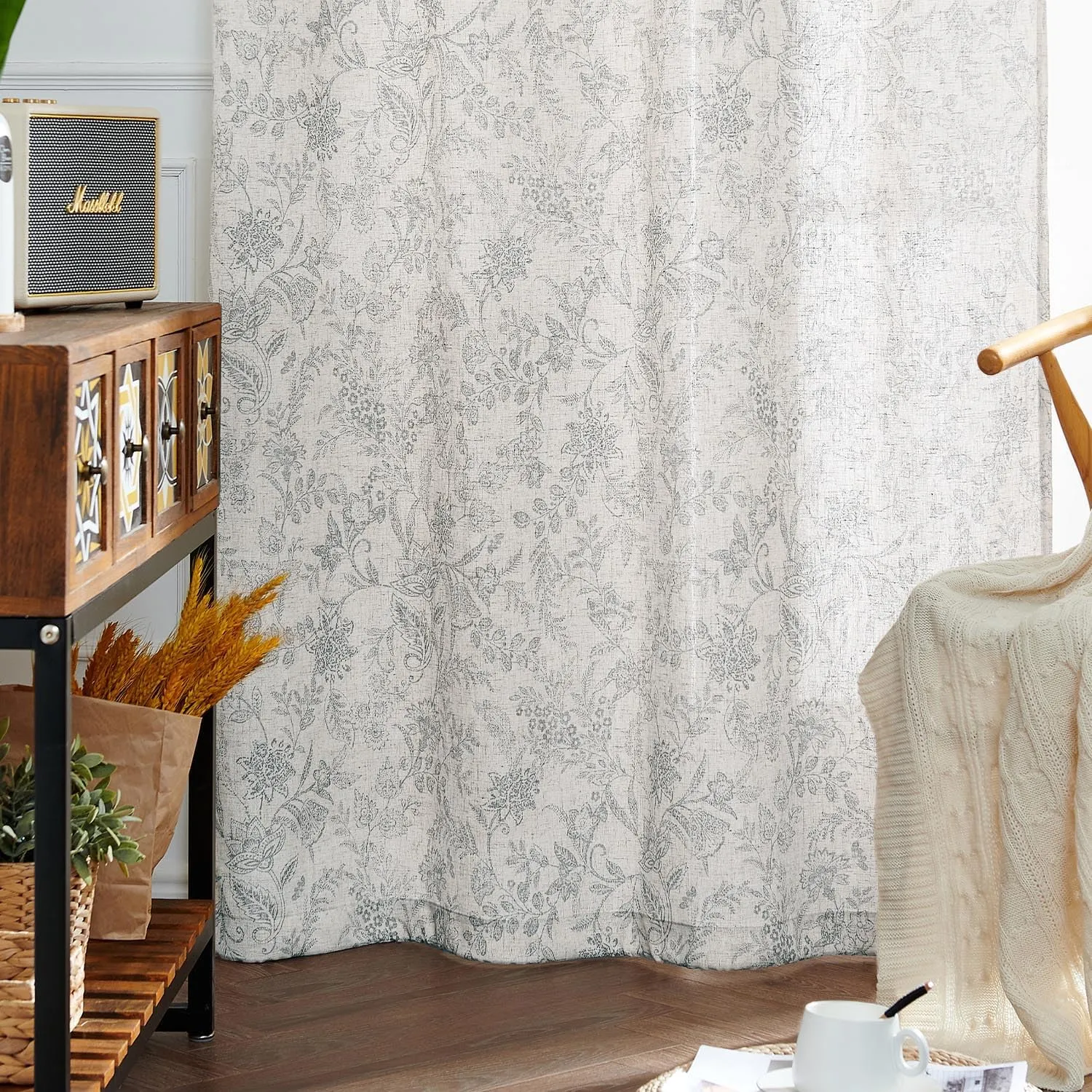 jinchan Floral Linen Blend Curtains for Living Room Grey French Country Farmhouse Curtains 96 Inches Long Light Filtering Kitchen Window Back Tab Semi Sheer 2 Panels