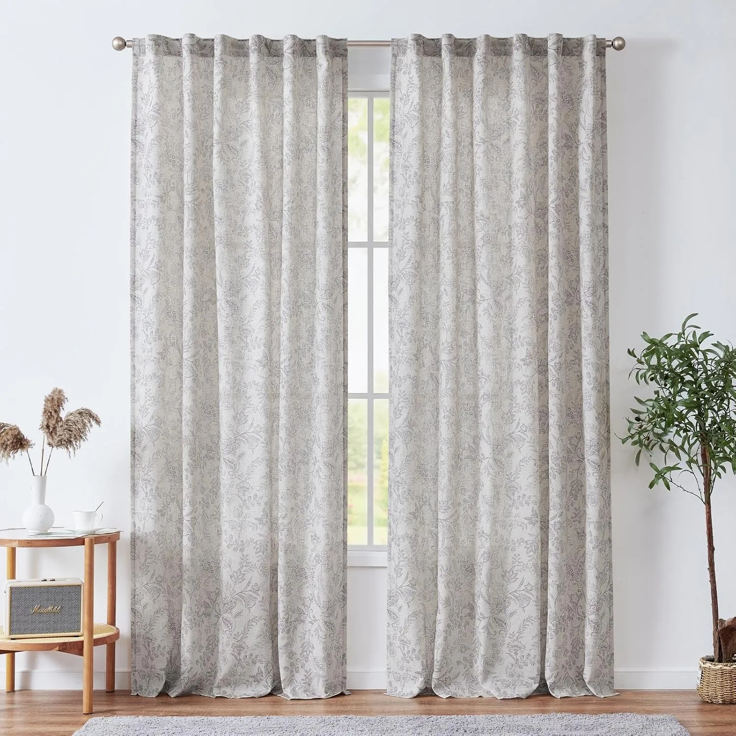 jinchan Floral Linen Blend Curtains for Living Room Grey French Country Farmhouse Curtains 96 Inches Long Light Filtering Kitchen Window Back Tab Semi Sheer 2 Panels