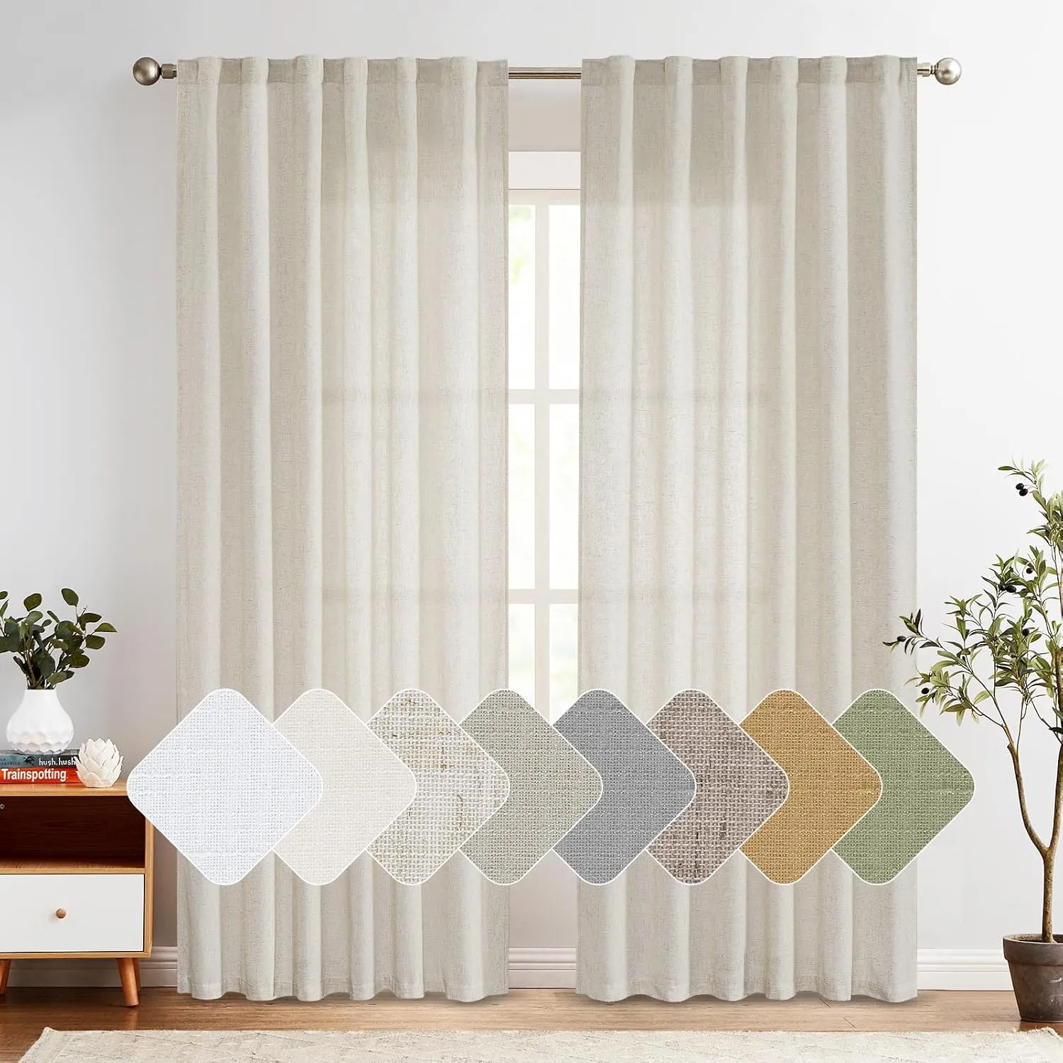 jinchan Linen Blend Beige Curtains 84 Inches Long for Living Room Farmhouse Rod Pocket Back Tab Light Filtering Window Drapes for Bedroom Curtains Crude 2 Panels