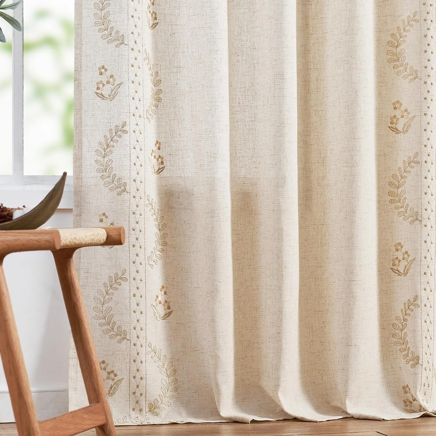 jinchan Linen Curtains for Bedroom Floral Curtains 84 Inch Length Linen Blend Beige Embroidered Drapes Farmhouse Flower Patterned Drapes for Living Room Window Treatments Set 2 Panels