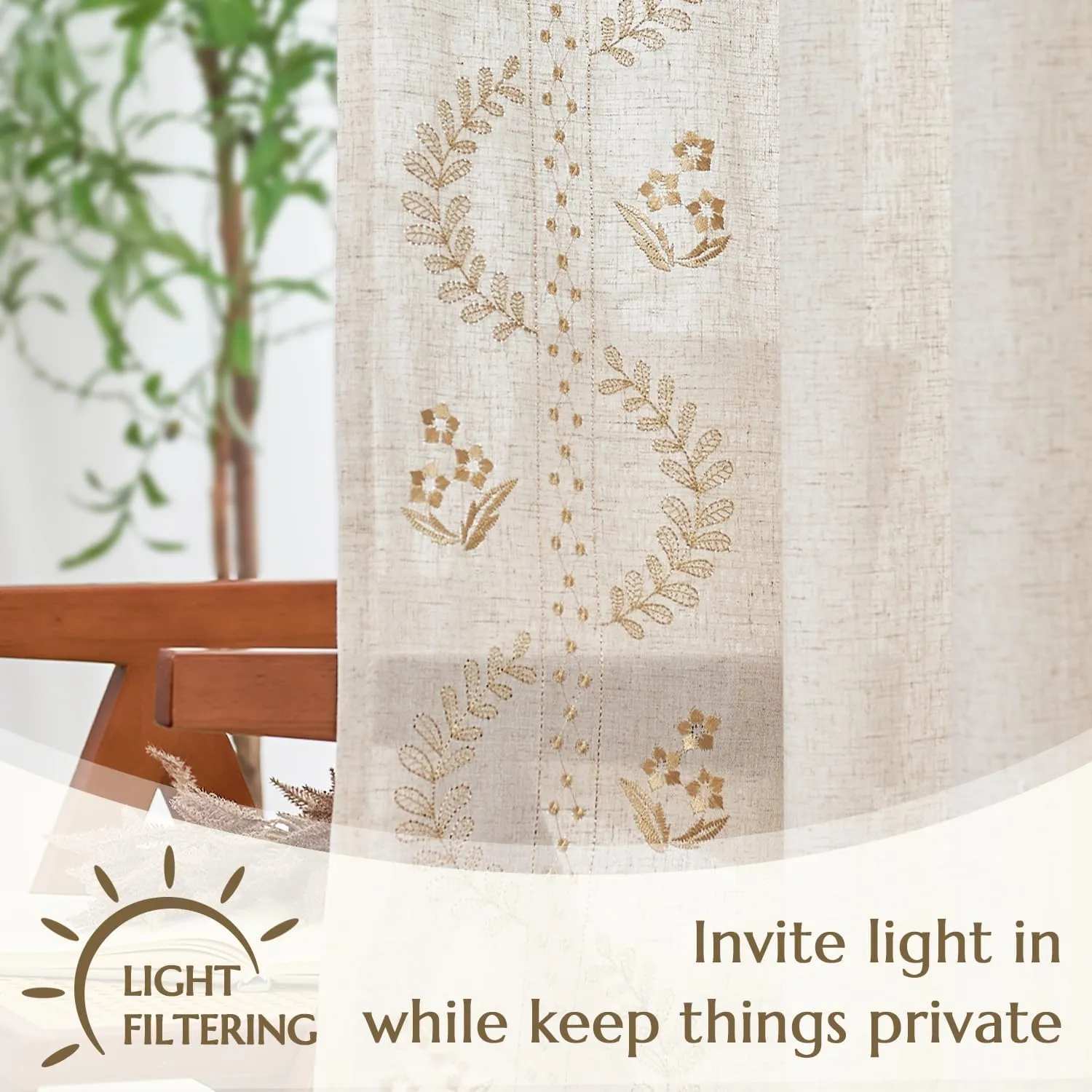 jinchan Linen Curtains for Bedroom Floral Curtains 84 Inch Length Linen Blend Beige Embroidered Drapes Farmhouse Flower Patterned Drapes for Living Room Window Treatments Set 2 Panels
