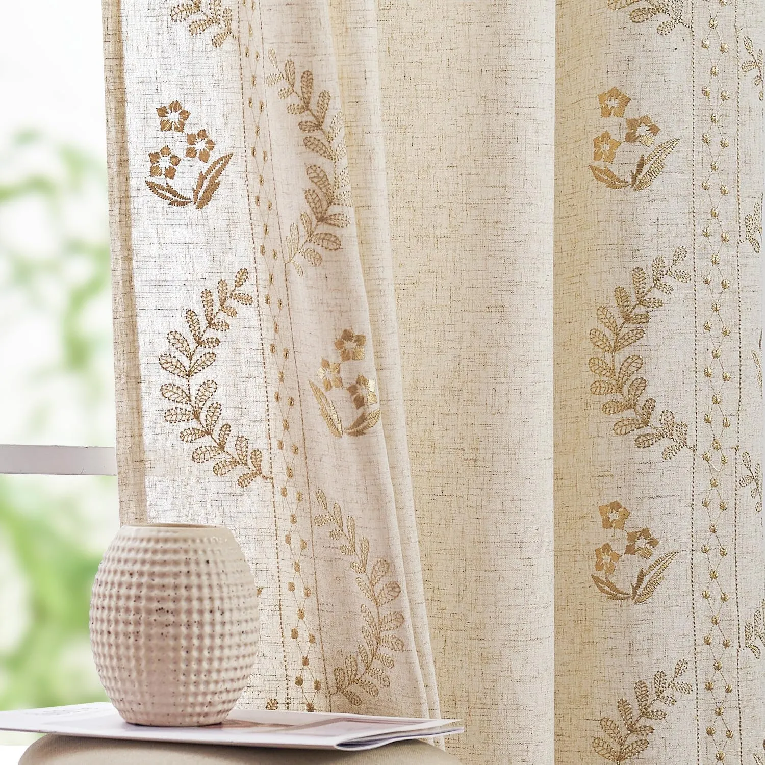 jinchan Linen Curtains for Bedroom Floral Curtains 84 Inch Length Linen Blend Beige Embroidered Drapes Farmhouse Flower Patterned Drapes for Living Room Window Treatments Set 2 Panels