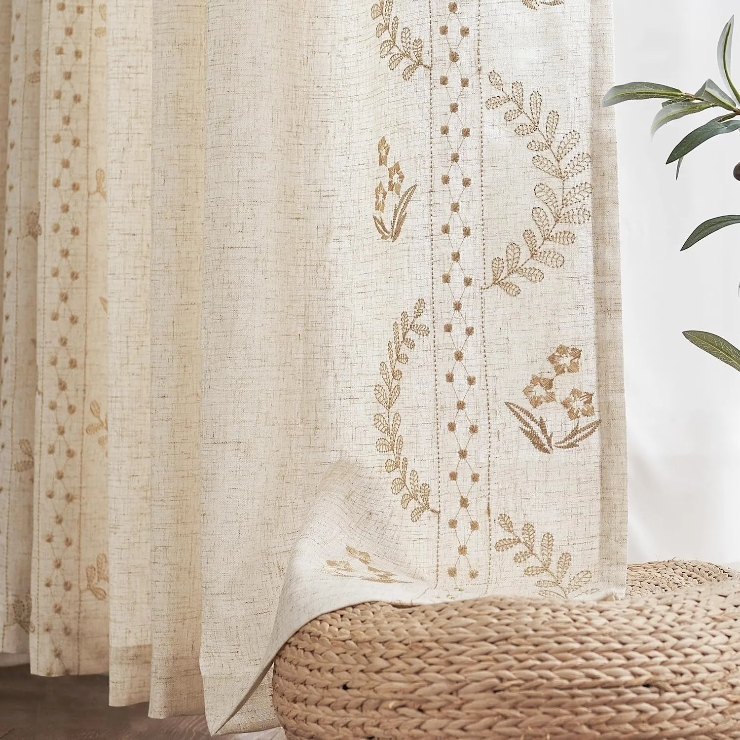 jinchan Linen Curtains for Bedroom Floral Curtains 84 Inch Length Linen Blend Beige Embroidered Drapes Farmhouse Flower Patterned Drapes for Living Room Window Treatments Set 2 Panels