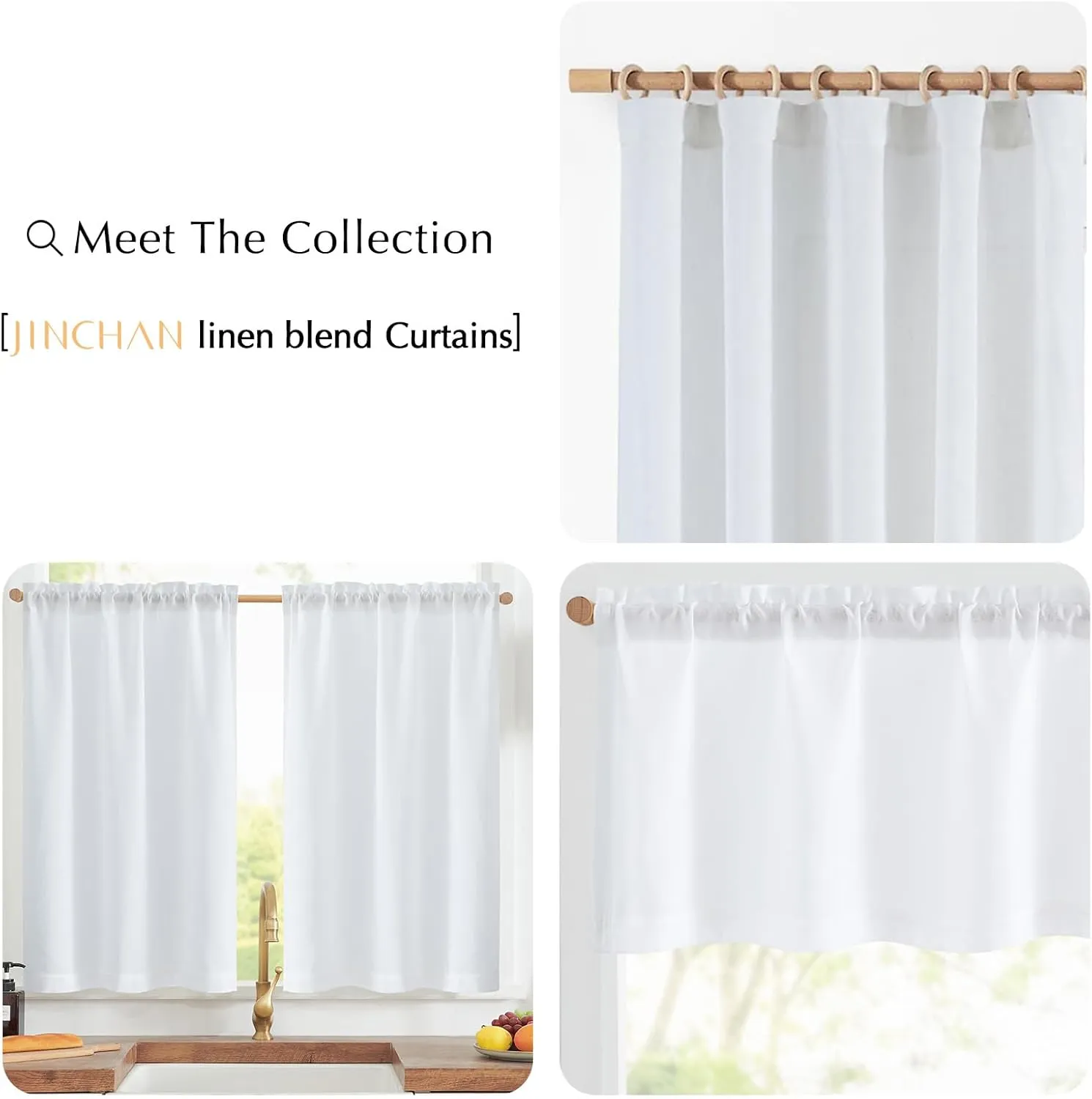 jinchan Linen Textured Tier Curtains 36 Inch for Kitchen Windows Farmhouse Cafe Curtains Small Drapes Rustic Light Filtering Half Window for Living Room Laundry Rod Pocket 2 Panels White