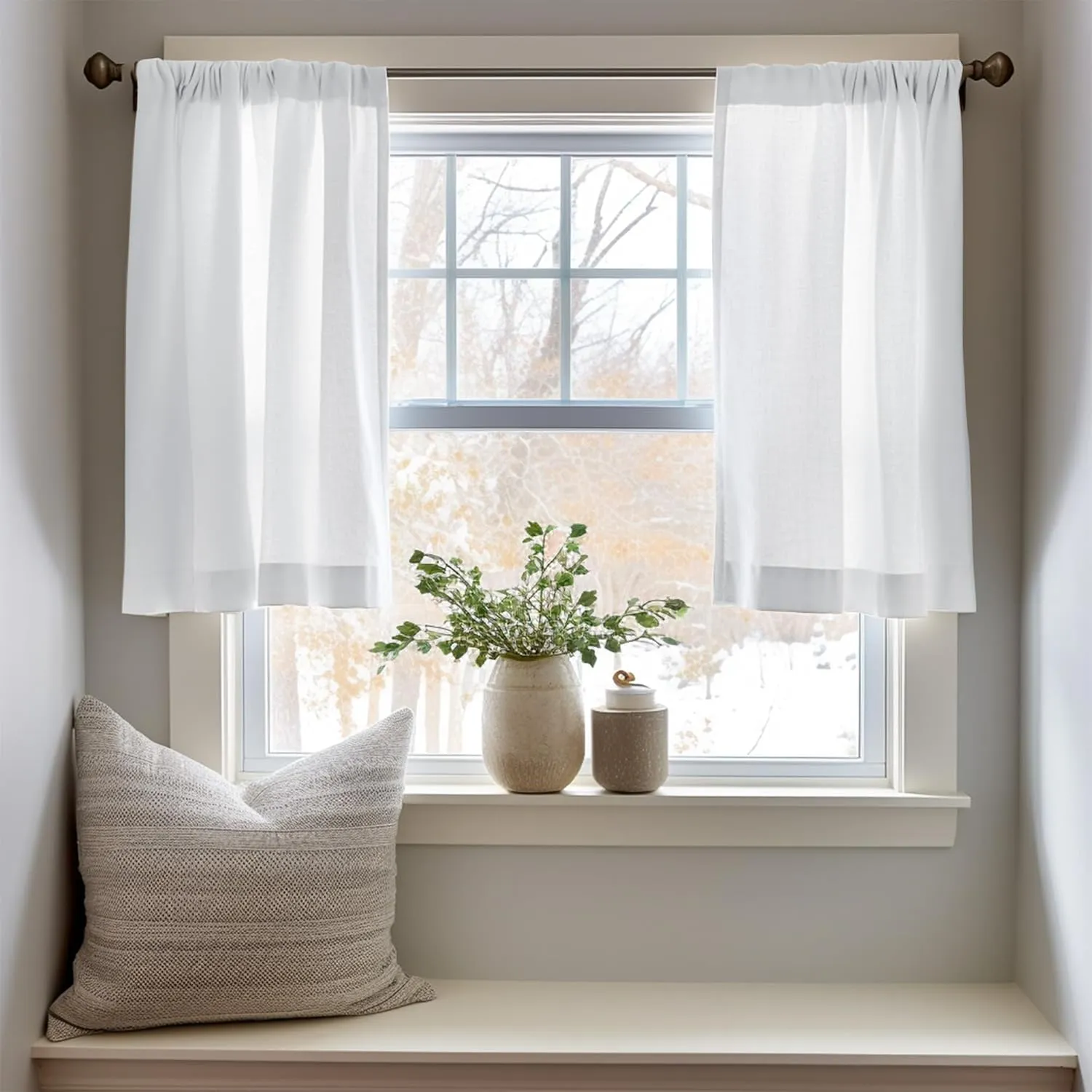 jinchan Linen Textured Tier Curtains 36 Inch for Kitchen Windows Farmhouse Cafe Curtains Small Drapes Rustic Light Filtering Half Window for Living Room Laundry Rod Pocket 2 Panels White