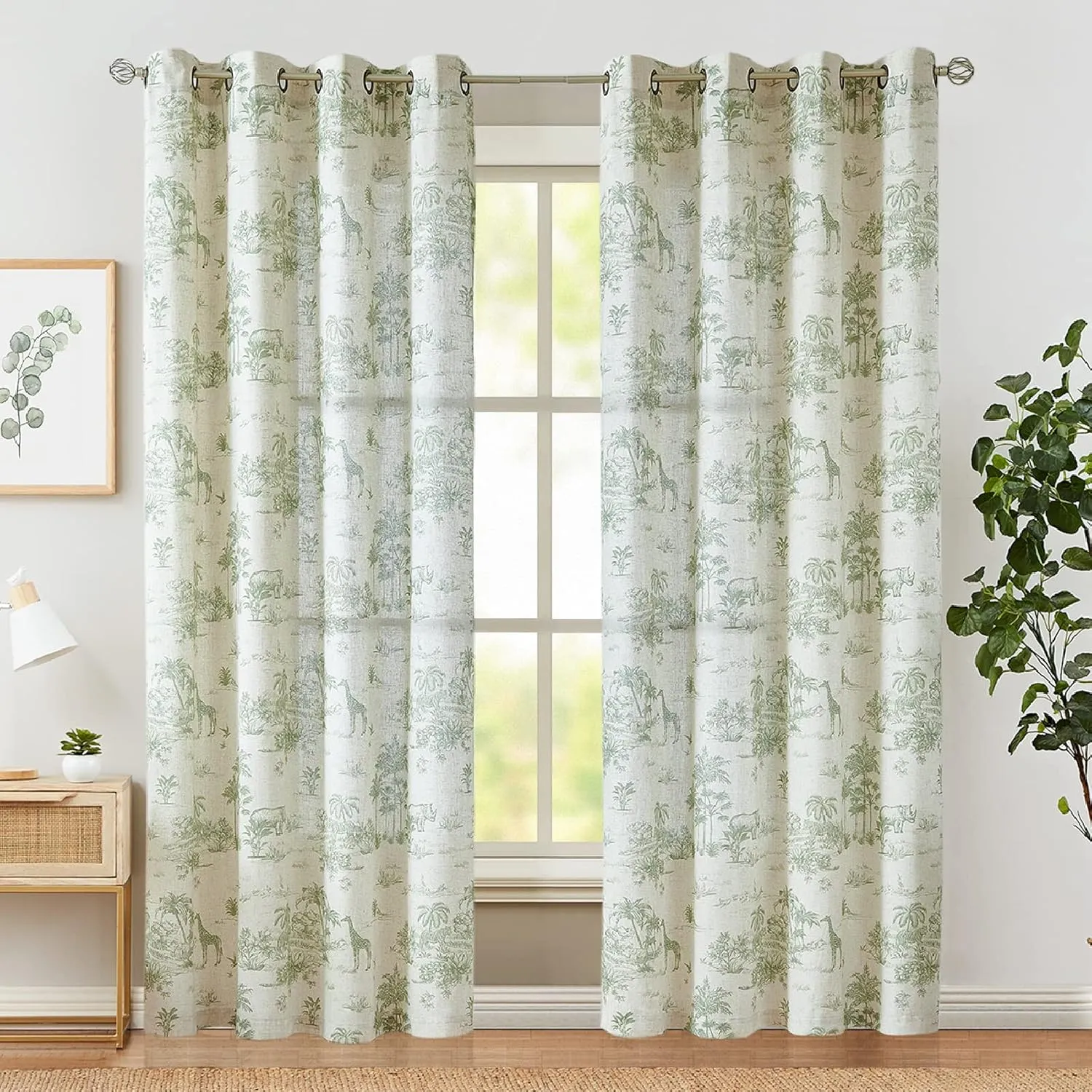 jinchan Linen Toile Curtains 84 Inches Long for Living Room Toile de Jouy Printed Farmhouse French Country Curtains Grommet Top Light Filtering Window Drapes for Bedroom 2 Panels Green on Beige