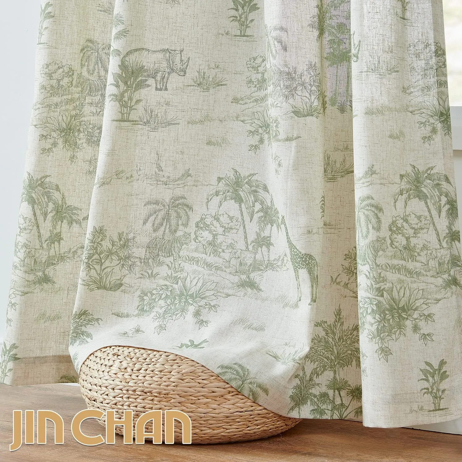 jinchan Linen Toile Curtains 84 Inches Long for Living Room Toile de Jouy Printed Farmhouse French Country Curtains Grommet Top Light Filtering Window Drapes for Bedroom 2 Panels Green on Beige