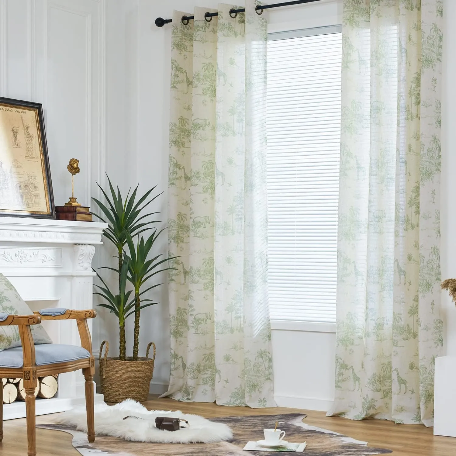 jinchan Linen Toile Curtains 84 Inches Long for Living Room Toile de Jouy Printed Farmhouse French Country Curtains Grommet Top Light Filtering Window Drapes for Bedroom 2 Panels Green on Beige