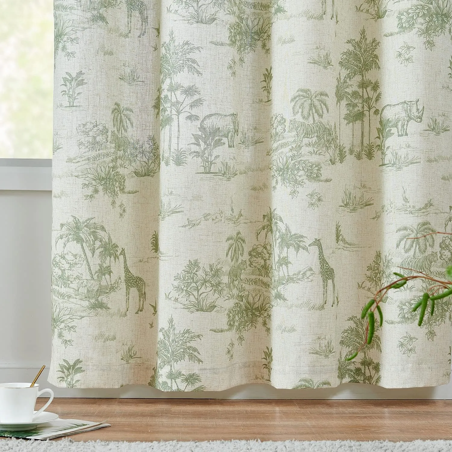 jinchan Linen Toile Curtains 84 Inches Long for Living Room Toile de Jouy Printed Farmhouse French Country Curtains Grommet Top Light Filtering Window Drapes for Bedroom 2 Panels Green on Beige