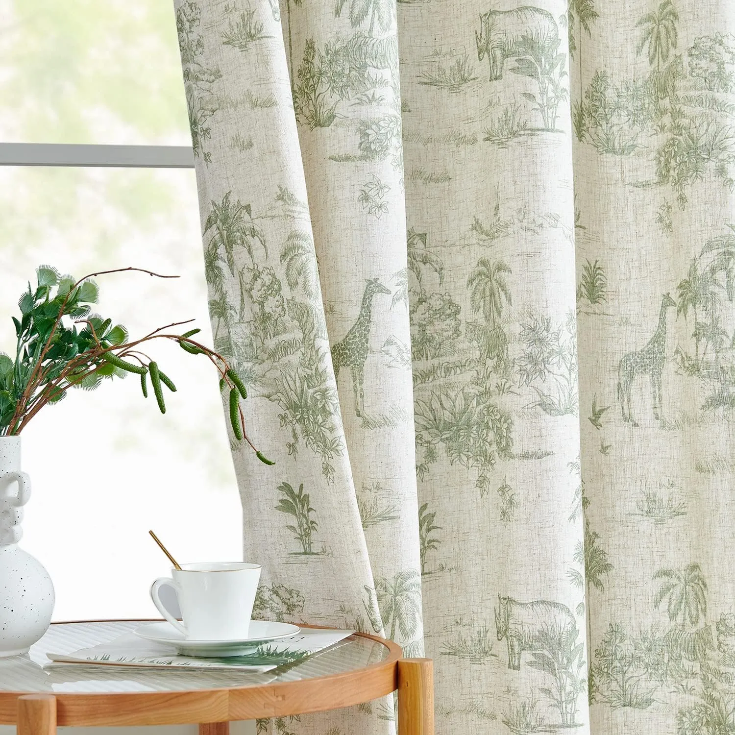 jinchan Linen Toile Curtains 84 Inches Long for Living Room Toile de Jouy Printed Farmhouse French Country Curtains Grommet Top Light Filtering Window Drapes for Bedroom 2 Panels Green on Beige