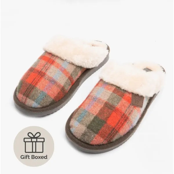Jo & Joe SHETLAND Womens Mule Slippers Brown Tartan
