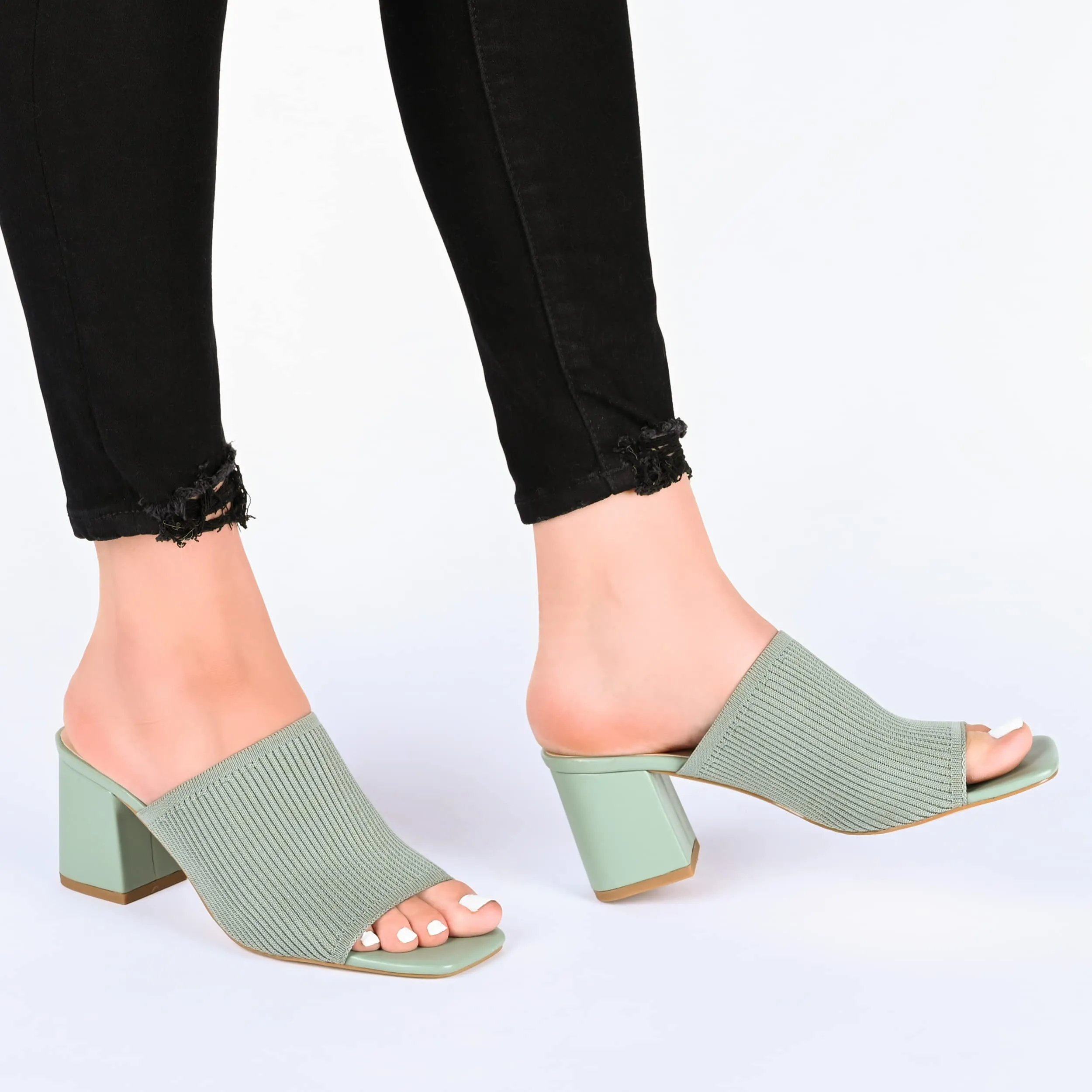 Journee Collection Square Open Toe Chunky Block Heel Knit Slip-On Pump for Women - Lorenna Heeled Fashion Mule - 9.5, Coral