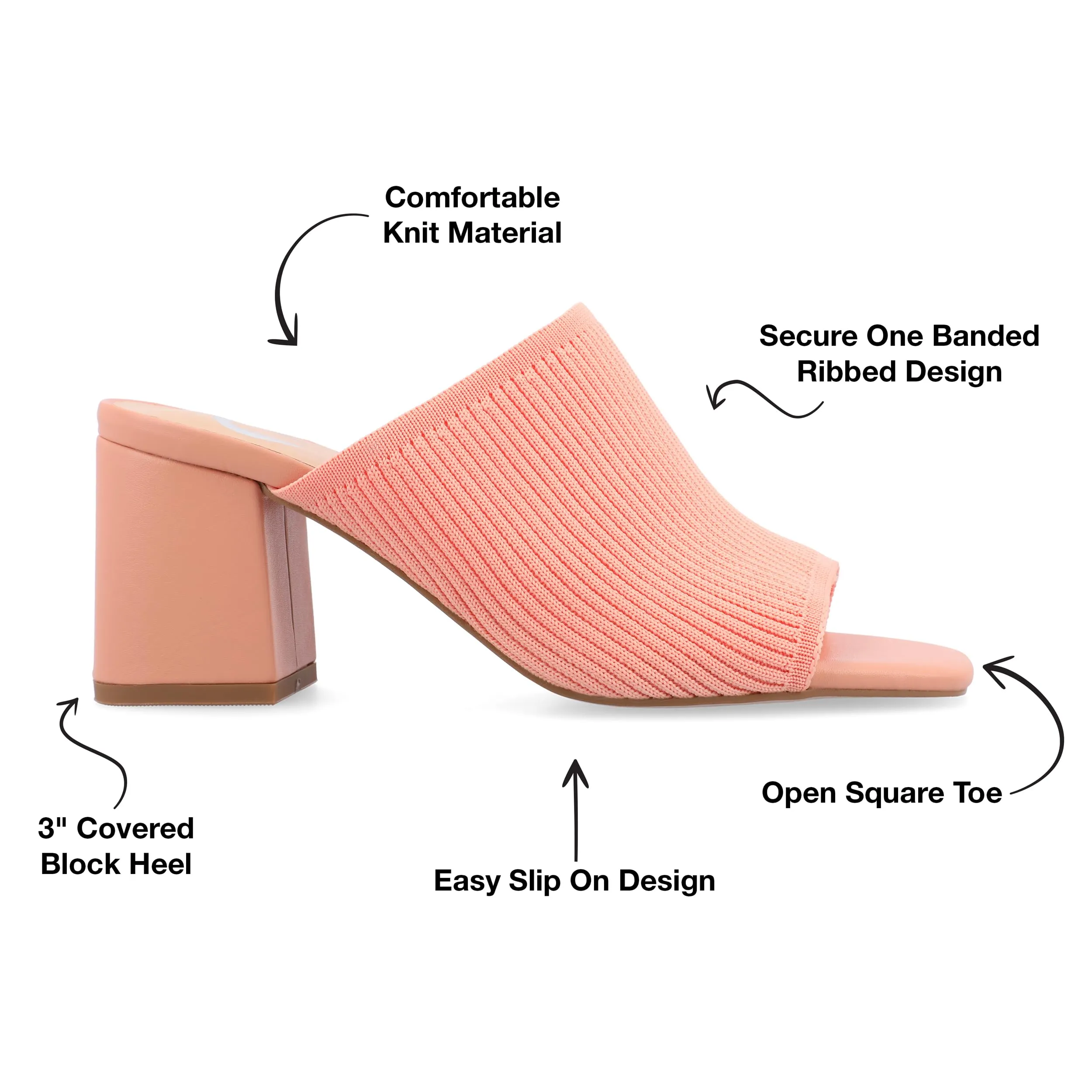 Journee Collection Square Open Toe Chunky Block Heel Knit Slip-On Pump for Women - Lorenna Heeled Fashion Mule - 9.5, Coral