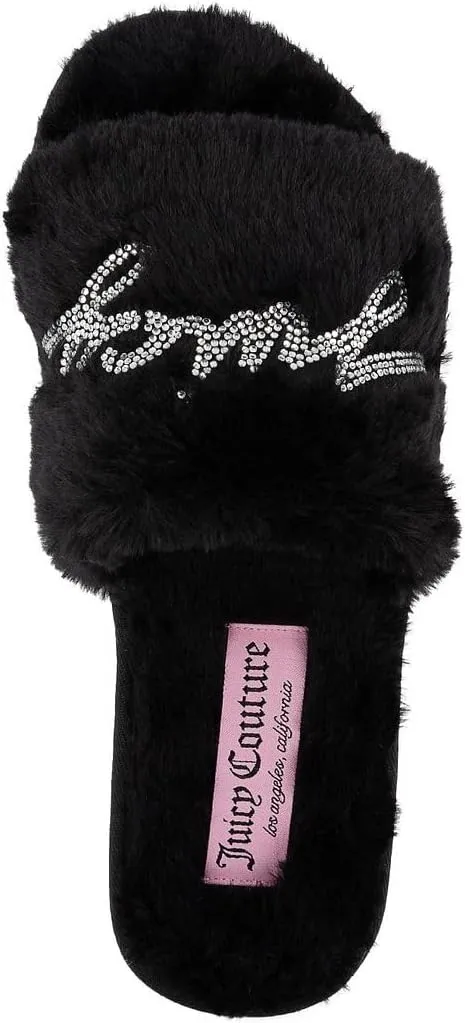Juicy Couture Women's Plush Faux Fur Slippers – Cozy Open-Toe Slides, Soft Indoor/Outdoor House Shoes