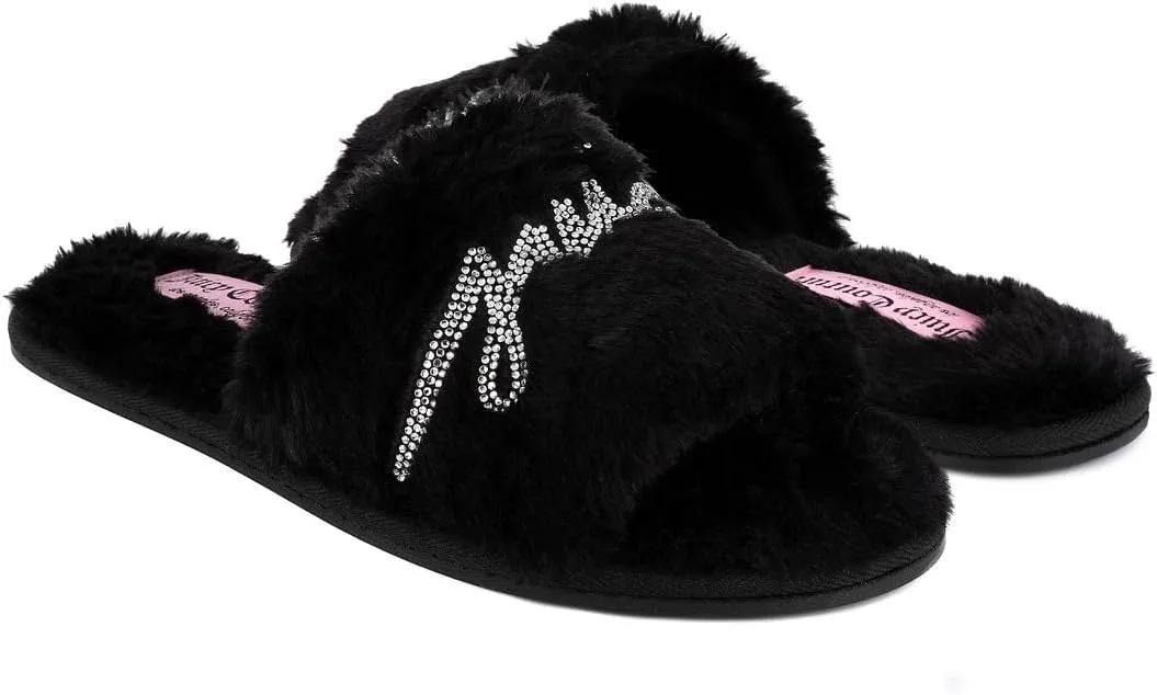 Juicy Couture Women's Plush Faux Fur Slippers – Cozy Open-Toe Slides, Soft Indoor/Outdoor House Shoes
