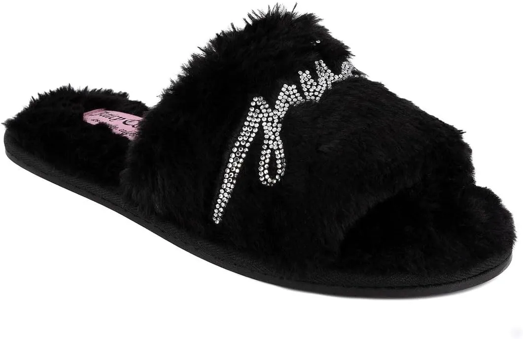 Juicy Couture Women's Plush Faux Fur Slippers – Cozy Open-Toe Slides, Soft Indoor/Outdoor House Shoes