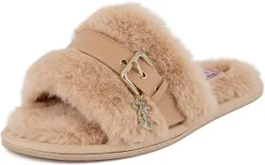 Juicy Couture Women's Plush Faux Fur Slippers – Cozy Open-Toe Slides, Soft Indoor/Outdoor House Shoes