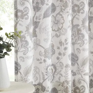 Kayne Studio Backtab Rod Pocket Jacobean Floral Semi Sheer Curtains Botanical Leaf Printed Vintage Farmhouse Curtains for Living Room Linen Grey Light Filtering Window Treatment Sets,52"x84",2 Panels