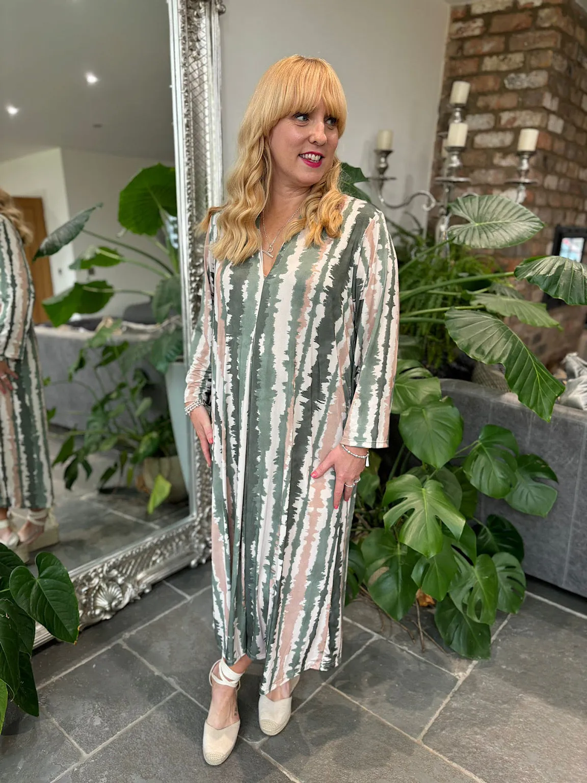 Khaki Watercolour Stripe Dress Gloria