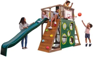 KidKraft All-in-One Sports Adventure Wooden Outdoor Playset with Rock Wall, Basketball Goal and Sports Equipment