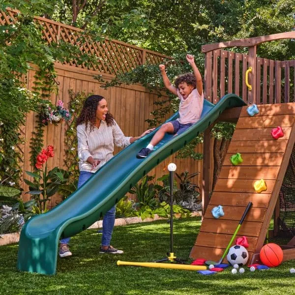 KidKraft All-in-One Sports Adventure Wooden Outdoor Playset with Rock Wall, Basketball Goal and Sports Equipment