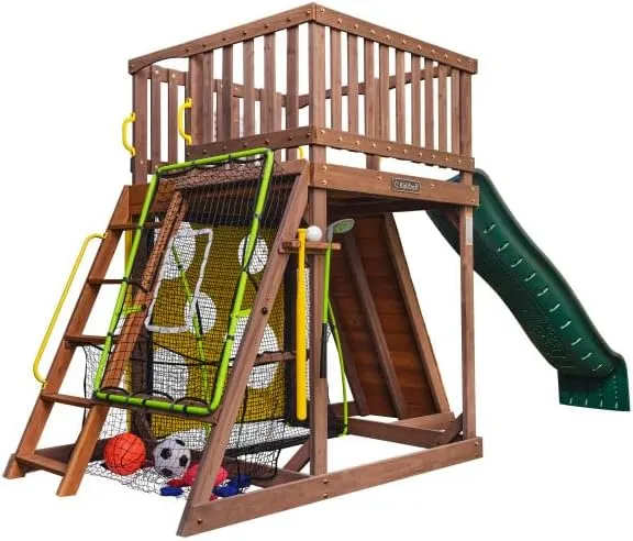 KidKraft All-in-One Sports Adventure Wooden Outdoor Playset with Rock Wall, Basketball Goal and Sports Equipment