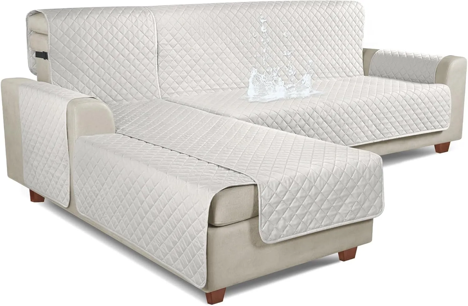 KinCam 100% Waterproof Sectional Couch Covers, Reversible L Shaped Sofa Covers 3pcs Sofa Slipcovers for Sectional Chaise Slipcover for Pets Kids (Small, Beige)