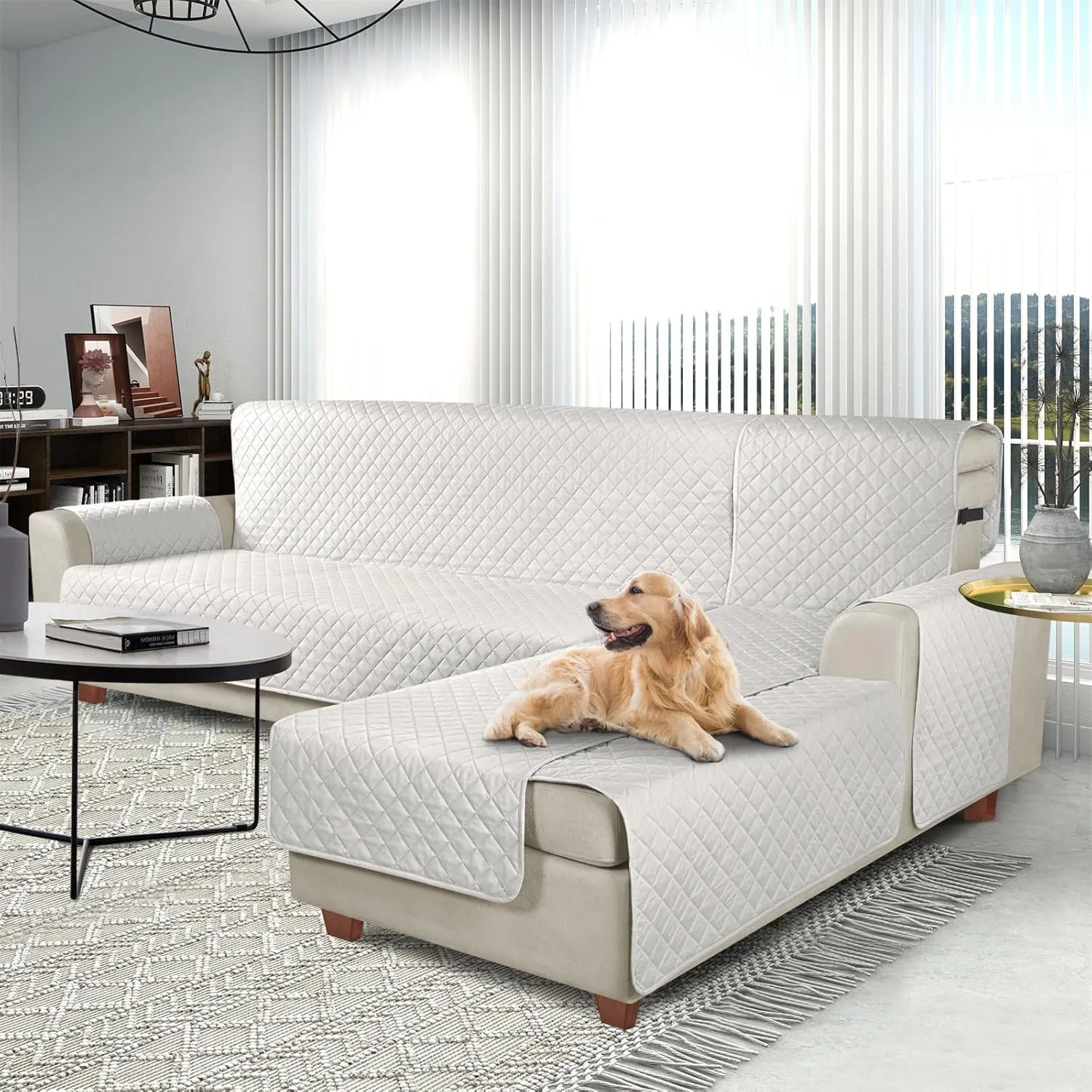 KinCam 100% Waterproof Sectional Couch Covers, Reversible L Shaped Sofa Covers 3pcs Sofa Slipcovers for Sectional Chaise Slipcover for Pets Kids (Small, Beige)