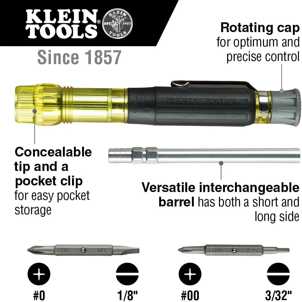 Klein Tools 32614 Multi-bit Precision Screwdriver Set, 4-in-1 Electronics Pocket Screwdriver, Professional Phillips and Slotted Bits, EDC