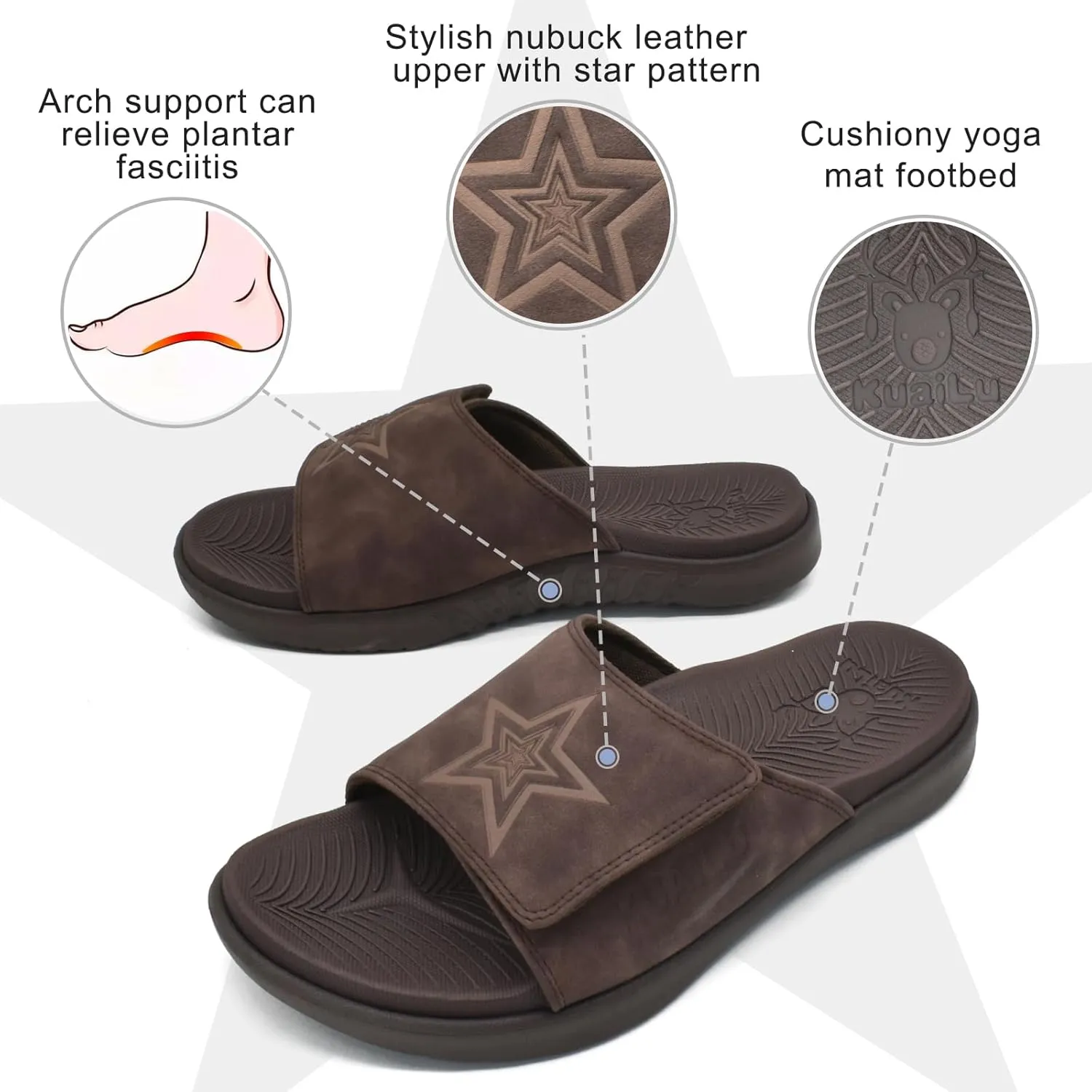 KuaiLu Mens Slides Soft Cushion Sport Sandals with Plantar Fasciitis Arch Support Adjustable Open Toe Summer Slippers Slip on Indoor Outdoor Size 7-15