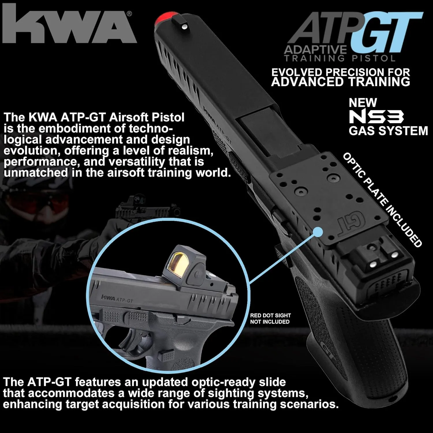 KWA ATP Gas Blowback 6mm BB Pistol Airsoft Gun, ATP Series Training Airsoft Pistol