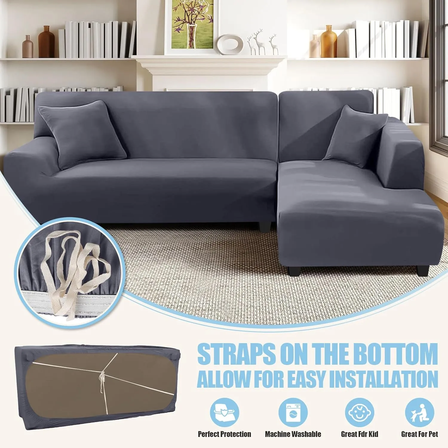 L Shape Sofa Couch Covers Super Stretch 2pcs, 3   3 Seaters Sectional Chaise Slipcover with 2pcs Pillow Covers for Pets Kids, Light Grey