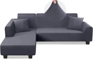 L Shape Sofa Couch Covers Super Stretch 2pcs, 3   3 Seaters Sectional Chaise Slipcover with 2pcs Pillow Covers for Pets Kids, Light Grey