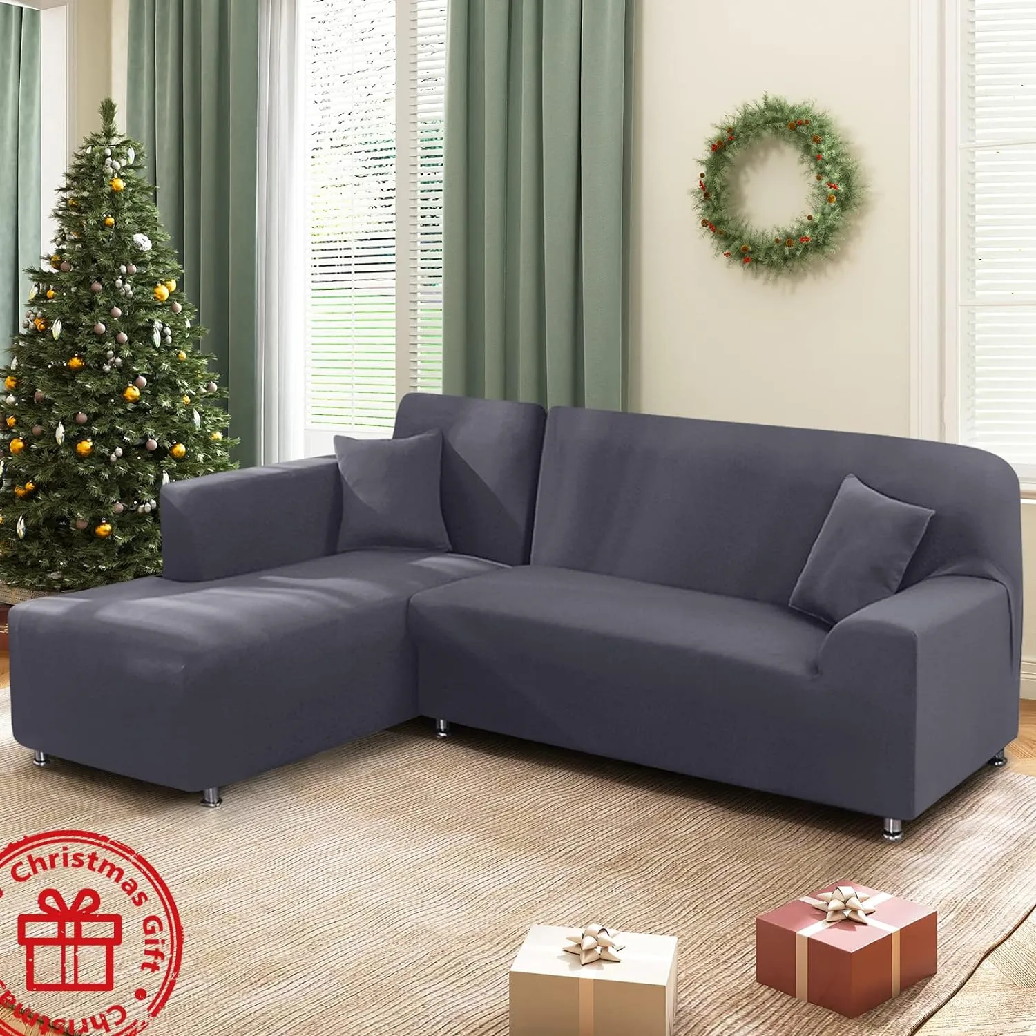 L Shape Sofa Couch Covers Super Stretch 2pcs, 3   3 Seaters Sectional Chaise Slipcover with 2pcs Pillow Covers for Pets Kids, Light Grey