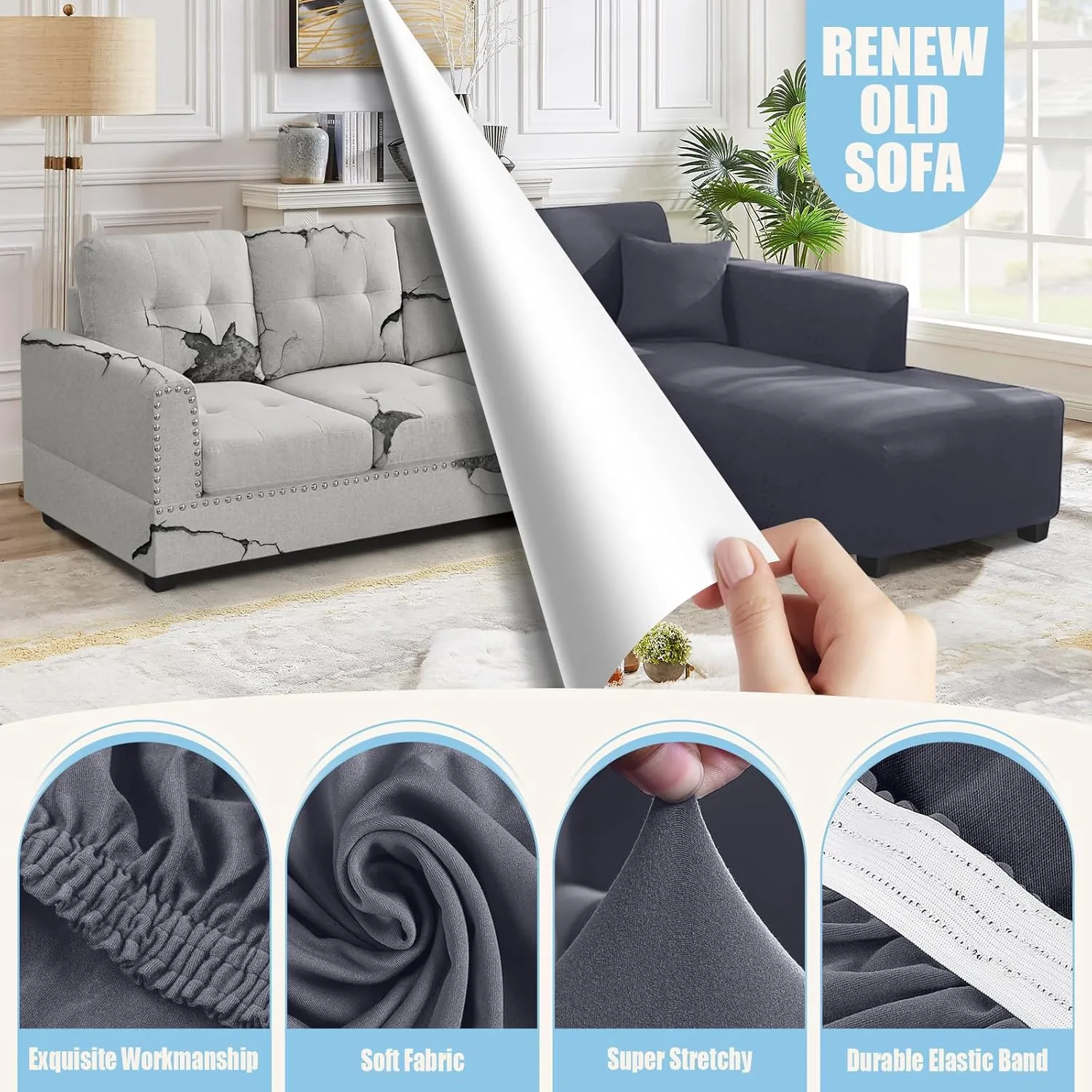 L Shape Sofa Couch Covers Super Stretch 2pcs, 3   3 Seaters Sectional Chaise Slipcover with 2pcs Pillow Covers for Pets Kids, Light Grey