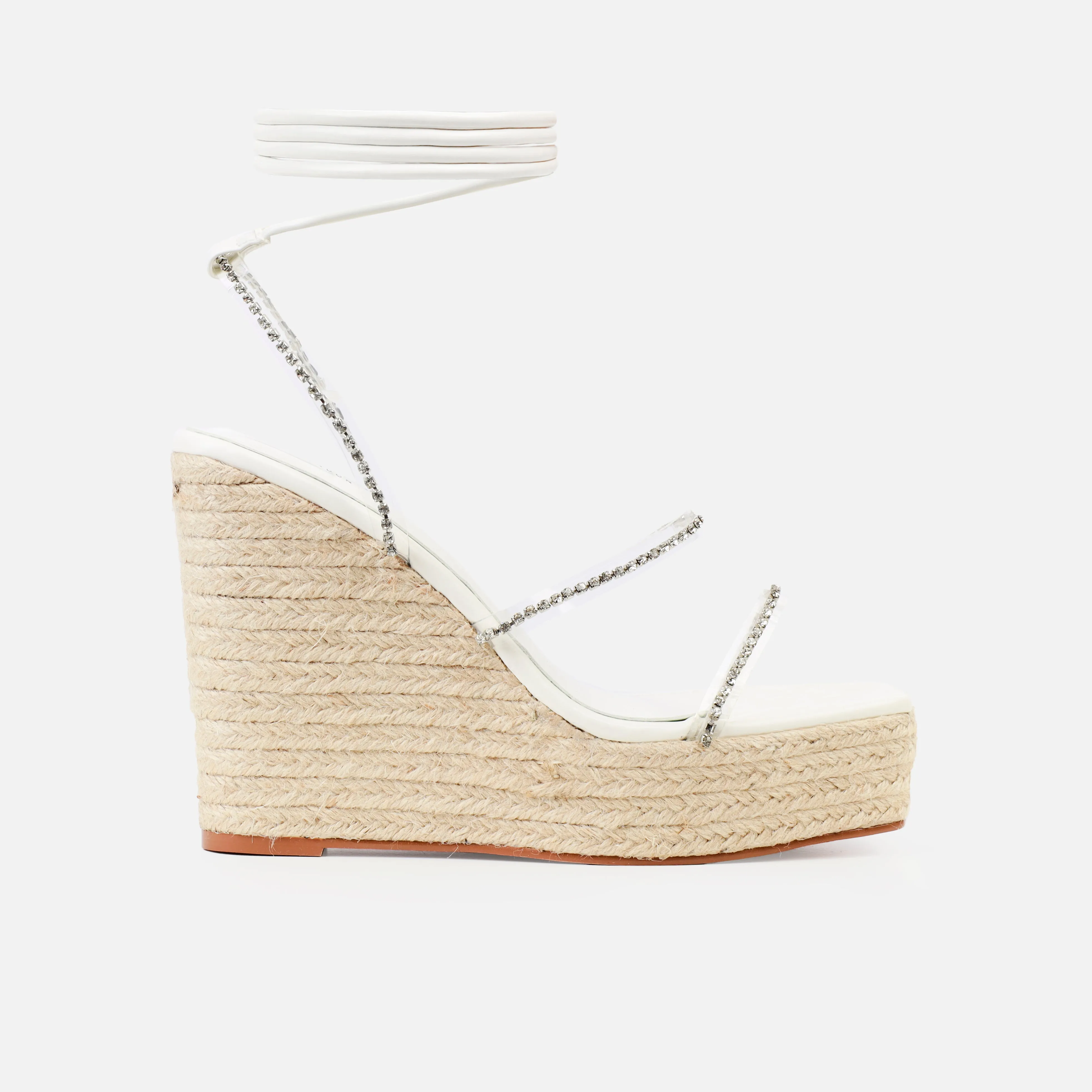 Lami White Clear Diamante Lace Up Espadrille Wedges