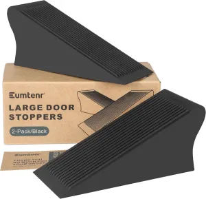 Large Rubber Door Stopper for Bottom of Door, Big Heavy Duty Solid Door Stopper Wedge, Black Sturdy Door Stops for Floor, Non-Slip Doorstop for Home Office School and Commercial Use, 2 Pack