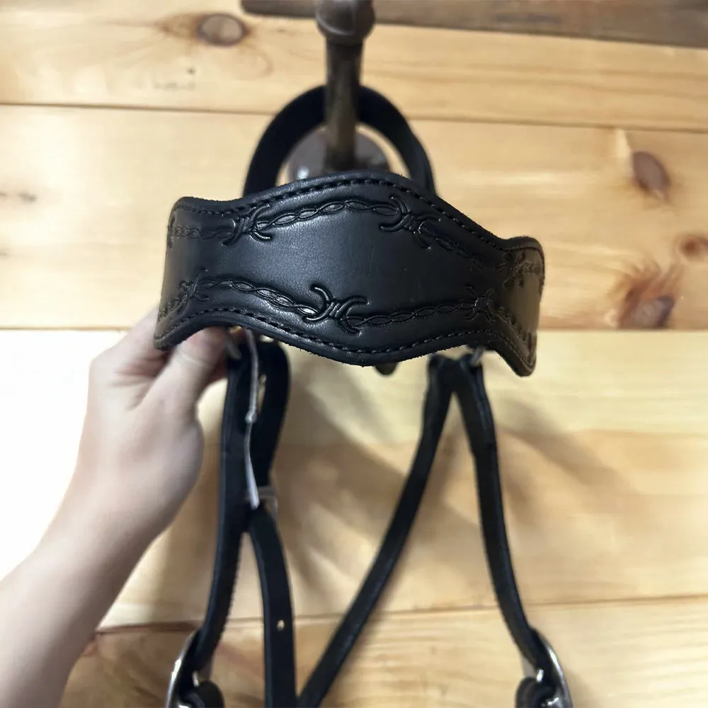 Leather Tooled Barbed Wire Mule Headstall - Black