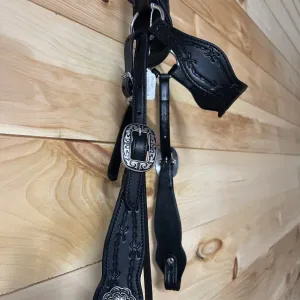 Leather Tooled Barbed Wire Mule Headstall - Black