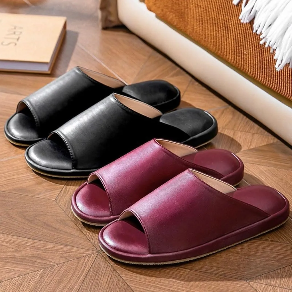 LEIYTFE Mens Premium Textured Leather House Slippers with Memory Foam Sheepskin Breathable Open Toe Slipper,Comfort Soft Indoor Slide Slip On Sandals for Men