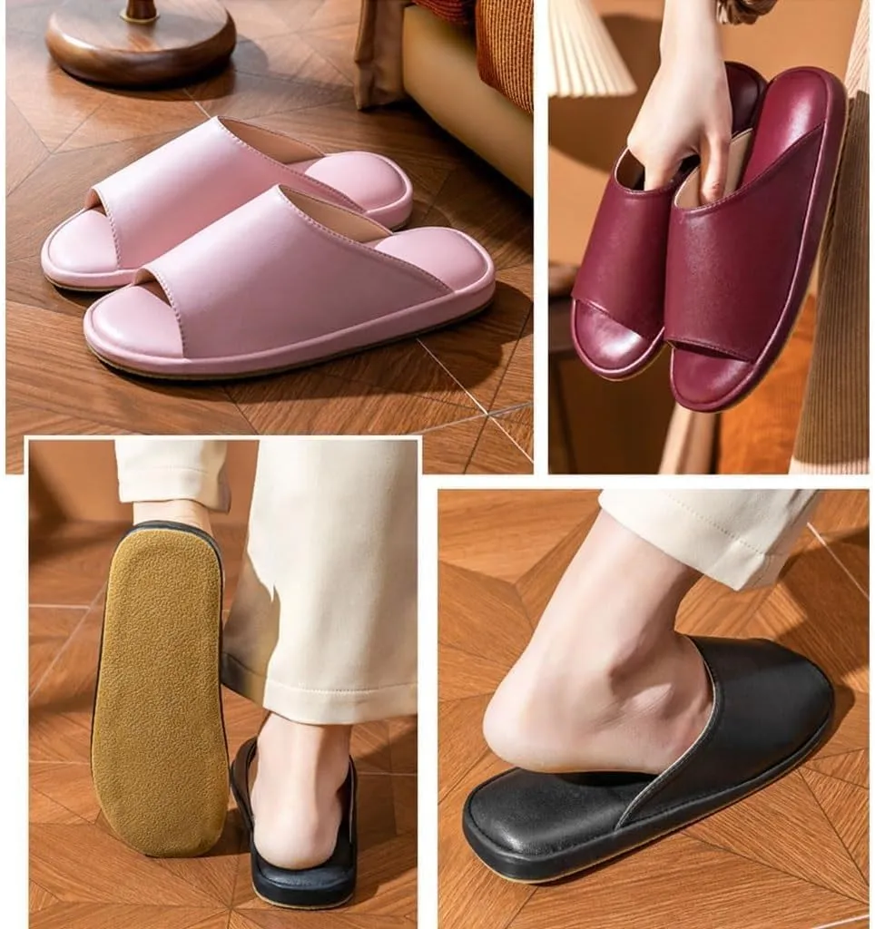 LEIYTFE Mens Premium Textured Leather House Slippers with Memory Foam Sheepskin Breathable Open Toe Slipper,Comfort Soft Indoor Slide Slip On Sandals for Men