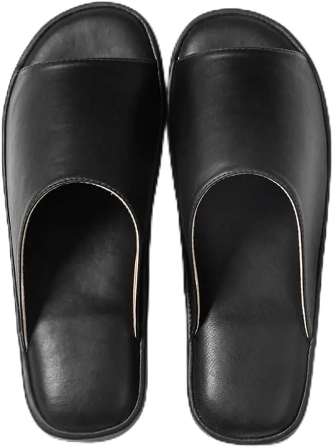 LEIYTFE Mens Premium Textured Leather House Slippers with Memory Foam Sheepskin Breathable Open Toe Slipper,Comfort Soft Indoor Slide Slip On Sandals for Men