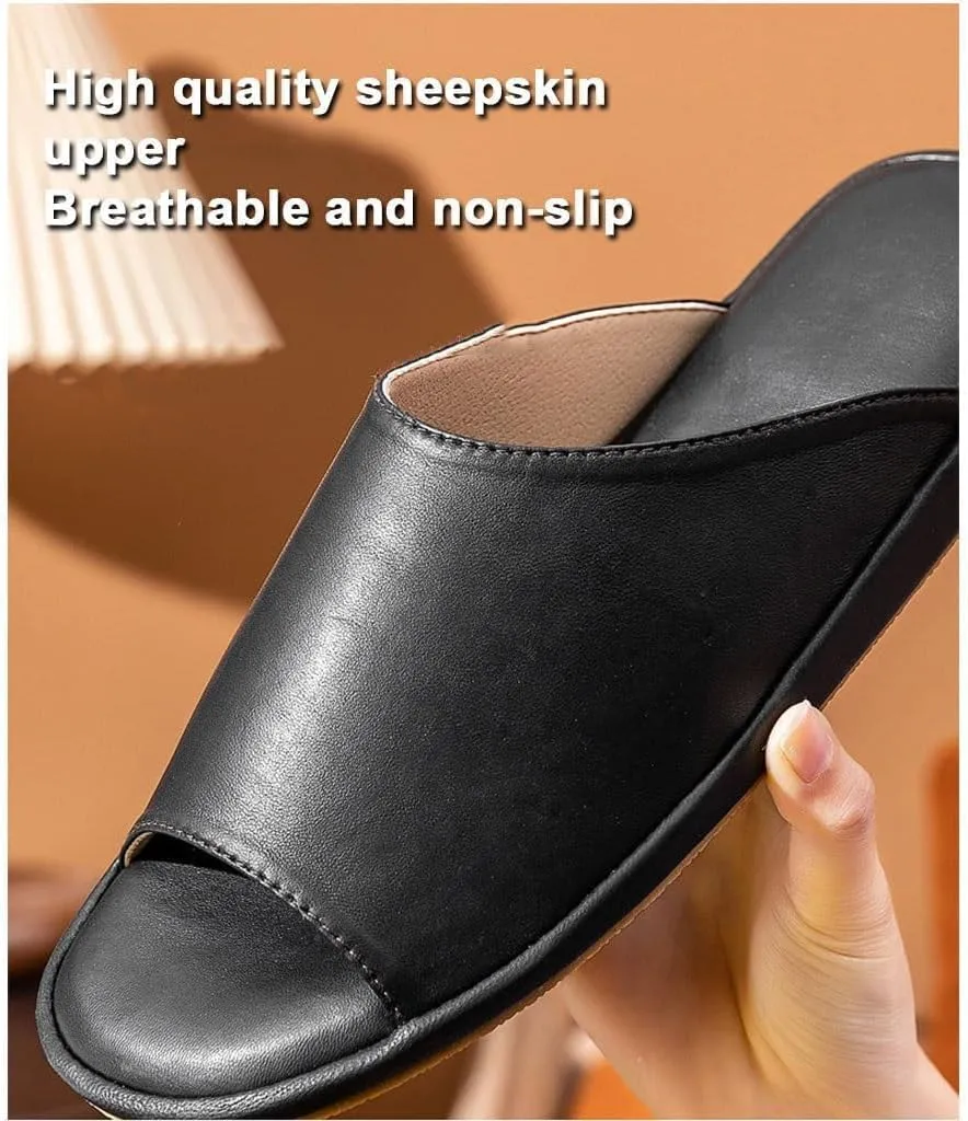 LEIYTFE Mens Premium Textured Leather House Slippers with Memory Foam Sheepskin Breathable Open Toe Slipper,Comfort Soft Indoor Slide Slip On Sandals for Men