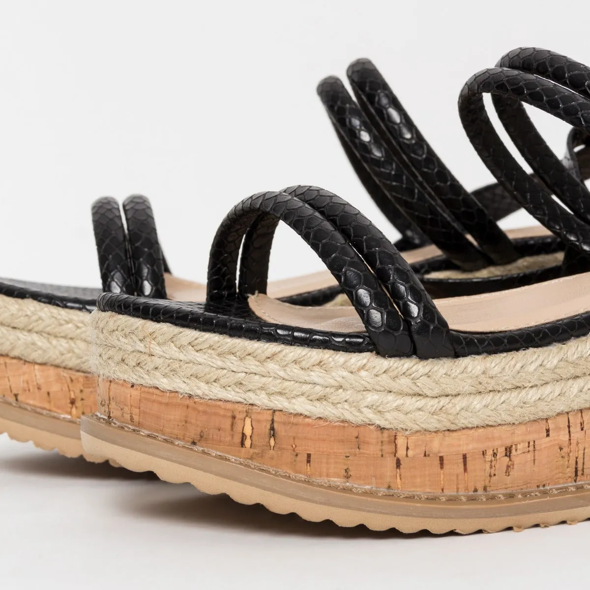 Lexi Black Snake Lace Up Espadrille Flatforms