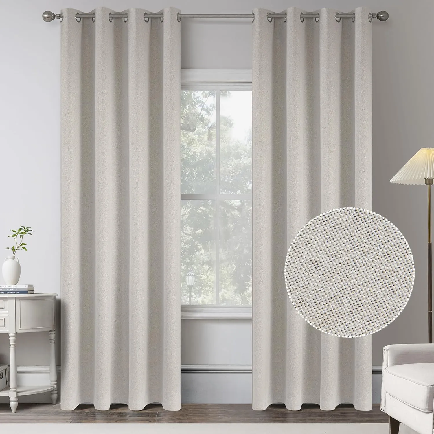 Light Beige Linen 100% Blackout Curtains 84 inch length for Bedroom Burg -2 Panels Burlap Textured Room Darkening Thermal Insulated Window Curtain Drapes for Living Room ,W 52 x L 84 Inches Long