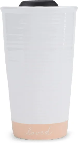 Lighthouse Christian Products Loved Textured Dipped 12 ounce Ceramic Stoneware Travel Tumbler Mug, Blush Pink