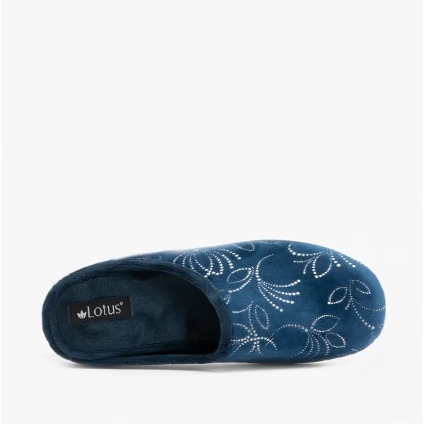 Lotus ELIZABETH Womens Velour Mule Slippers Navy