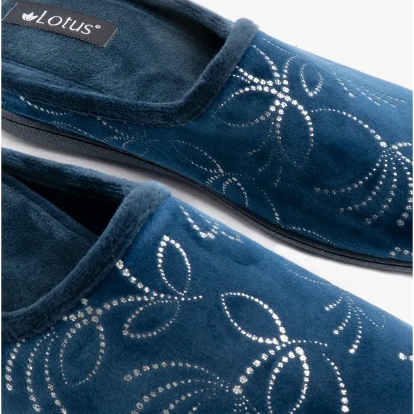 Lotus ELIZABETH Womens Velour Mule Slippers Navy