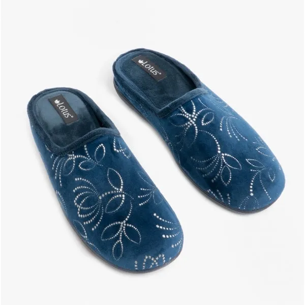 Lotus ELIZABETH Womens Velour Mule Slippers Navy