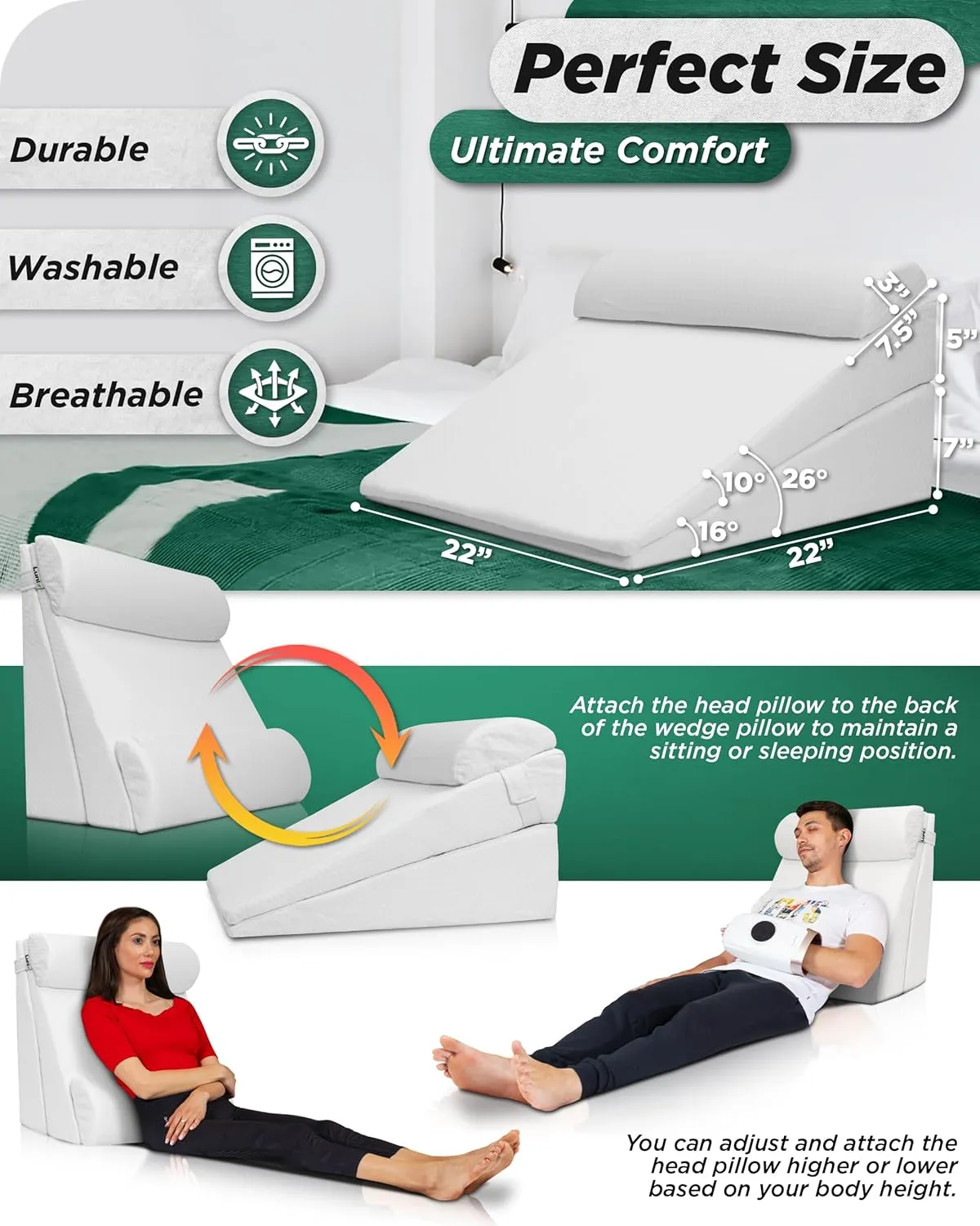 Lunix 4pcs Orthopedic Bed Wedge Pillow Set, Post Surgery Memory Foam for Back, Leg, and Knee Pain Relief, Adjustable Sitting Pillow for Sleeping, Acid Reflux, and GERD, with Hot Cold Pack, White
